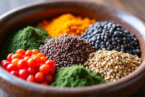 Superalimentos variados en un bol: bayas de goji, semillas de chía, espirulina en polvo