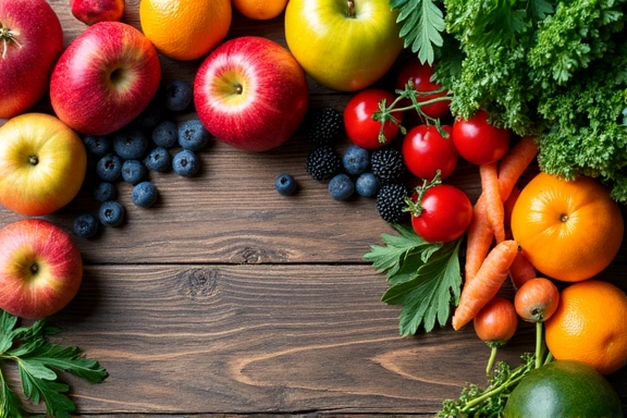 Variedad de frutas y verduras vibrantes sobre una mesa de madera