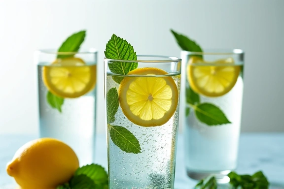 Vasos de agua con rodajas de limón y menta, representando hidratación