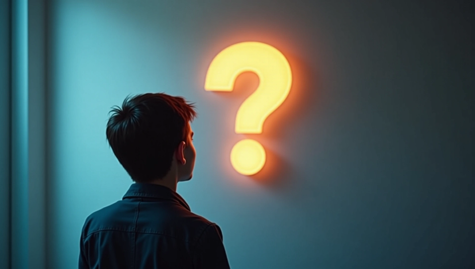Persona pensativa mirando un signo de interrogación estilizado en un ambiente moderno.