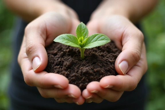 Manos sosteniendo una planta pequeña que crece de la tierra, simbolizando crecimiento, cuidado y naturalidad.